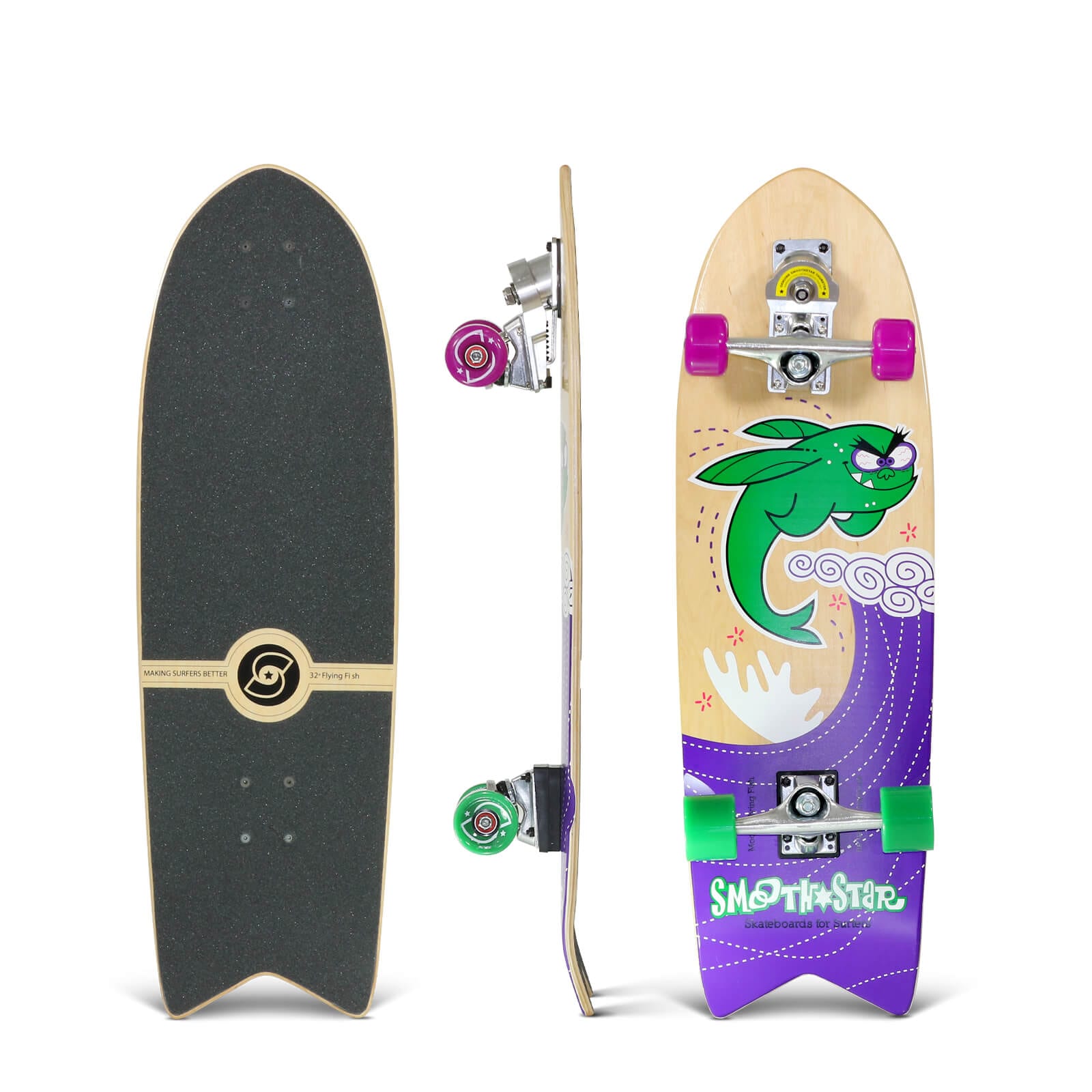 The 32 SmoothStar Flying Fish green complete surfskate surf trainer